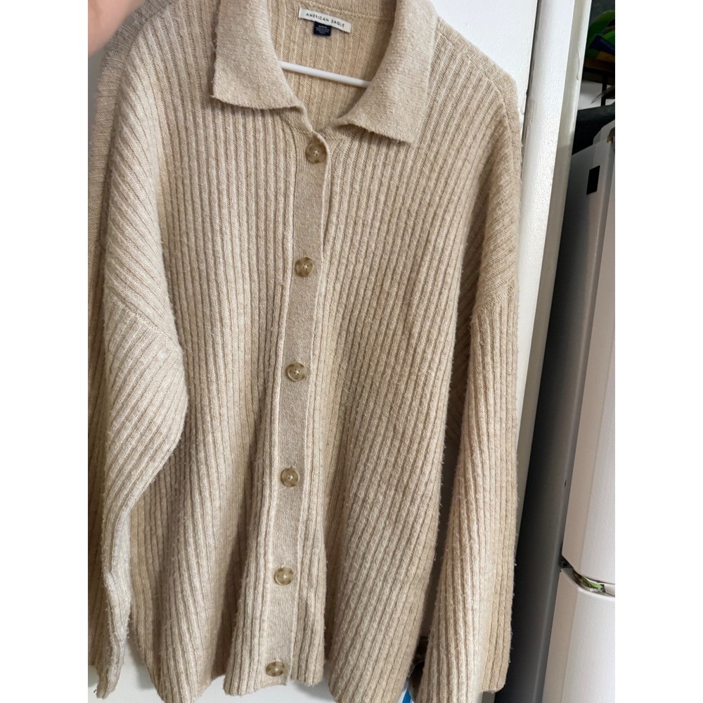American Eagle Mens Ribbed Knit Button Front Cardigan Sweater Beige Tan Medium